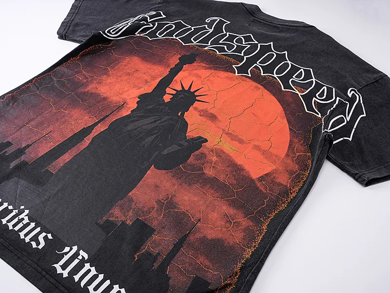 1072# P126 Washed Black Real Shot Godspeed American Fashion Rock Street Retro Washed Distressed Printed Cotton Short Sleeves Fabric: 250g 32 Count Fine Cotton Double Yarn Pure Cotton Color: Washed Black Size: S M L XL