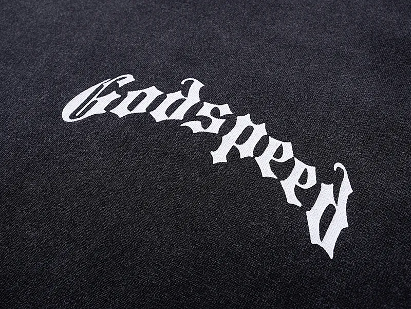 1072# P126 Washed Black Real Shot Godspeed American Fashion Rock Street Retro Washed Distressed Printed Cotton Short Sleeves Fabric: 250g 32 Count Fine Cotton Double Yarn Pure Cotton Color: Washed Black Size: S M L XL