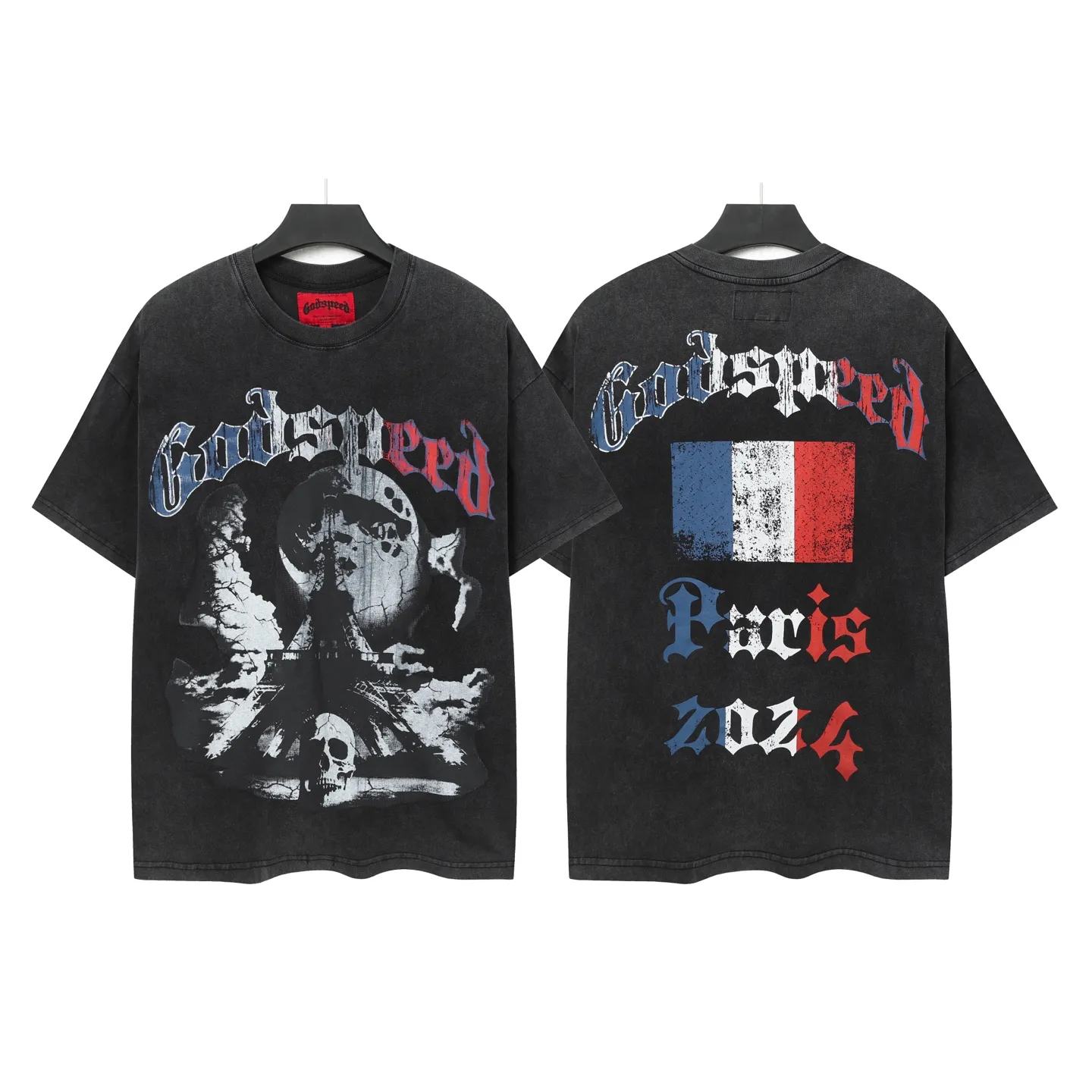 6048#washed black｜P116 Godspeed cross-border American rock and roll street washed retro style short-sleeved T (craft printing) fabric (fabric): 32 count combed double yarn 250g weight code number (size): S-M-L-XL color (colour): washed black