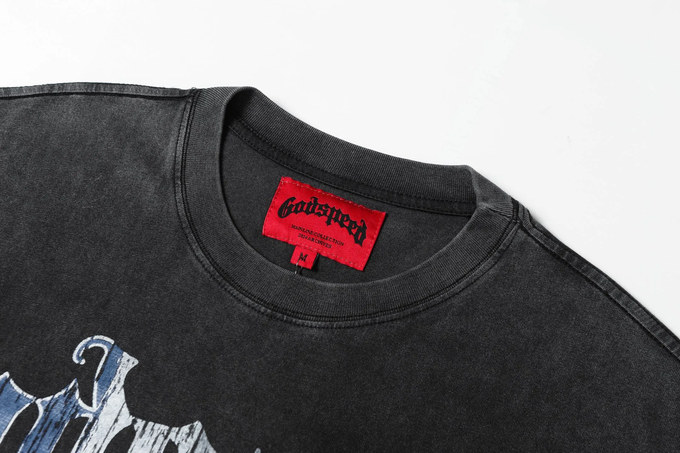 6048#washed black｜P116 Godspeed cross-border American rock and roll street washed retro style short-sleeved T (craft printing) fabric (fabric): 32 count combed double yarn 250g weight code number (size): S-M-L-XL color (colour): washed black