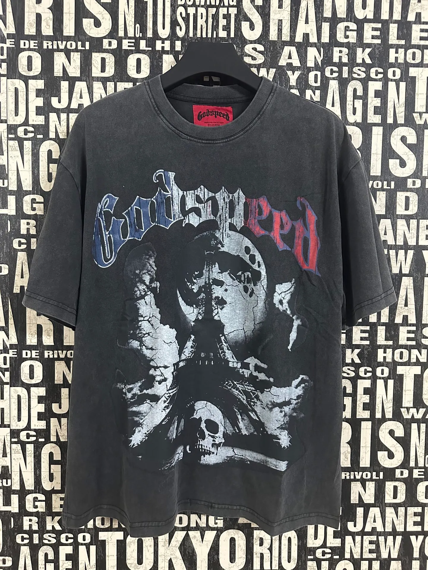 6048#washed black｜P116 Godspeed cross-border American rock and roll street washed retro style short-sleeved T (craft printing) fabric (fabric): 32 count combed double yarn 250g weight code number (size): S-M-L-XL color (colour): washed black