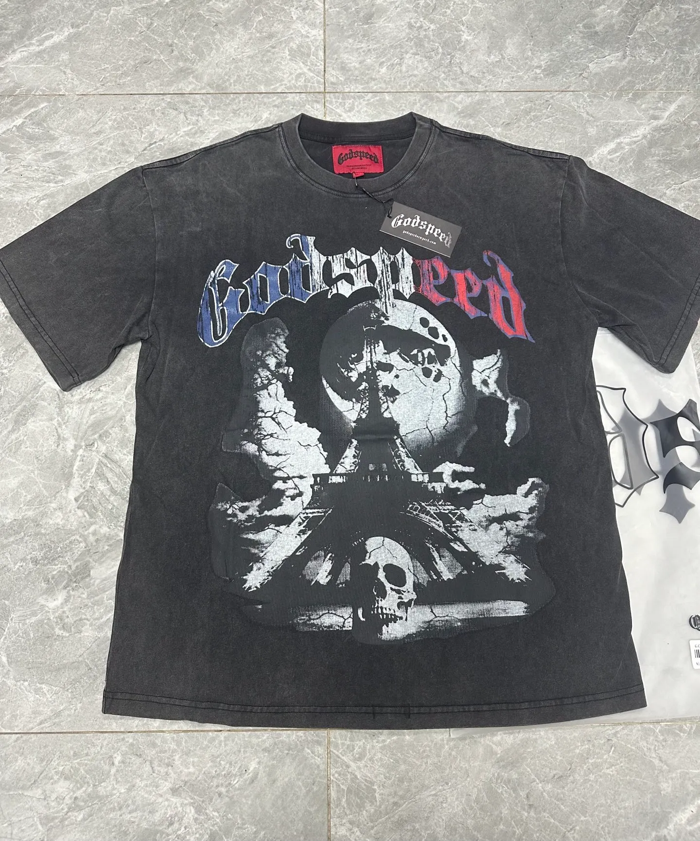 6048#washed black｜P116 Godspeed cross-border American rock and roll street washed retro style short-sleeved T (craft printing) fabric (fabric): 32 count combed double yarn 250g weight code number (size): S-M-L-XL color (colour): washed black