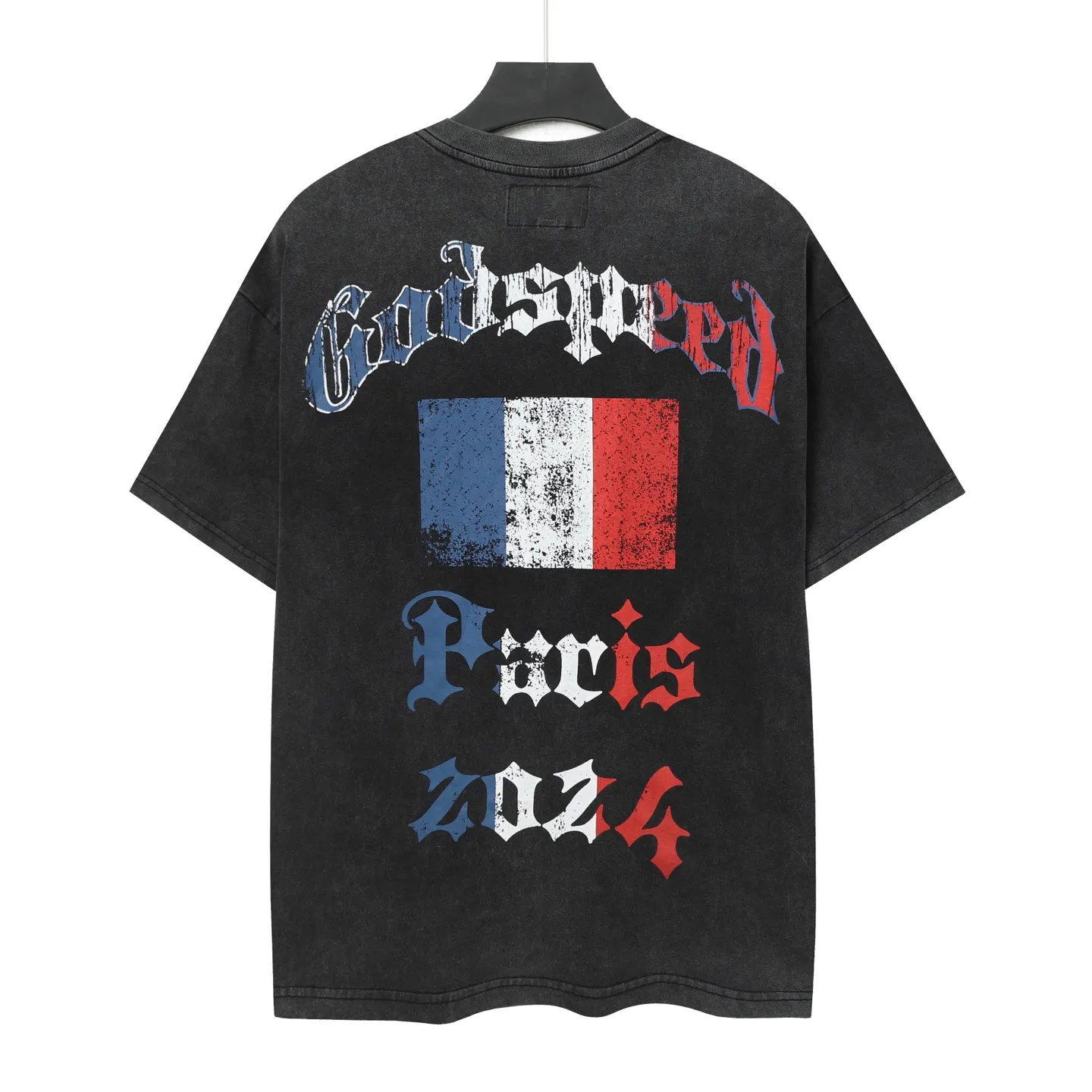 6048#washed black｜P116 Godspeed cross-border American rock and roll street washed retro style short-sleeved T (craft printing) fabric (fabric): 32 count combed double yarn 250g weight code number (size): S-M-L-XL color (colour): washed black