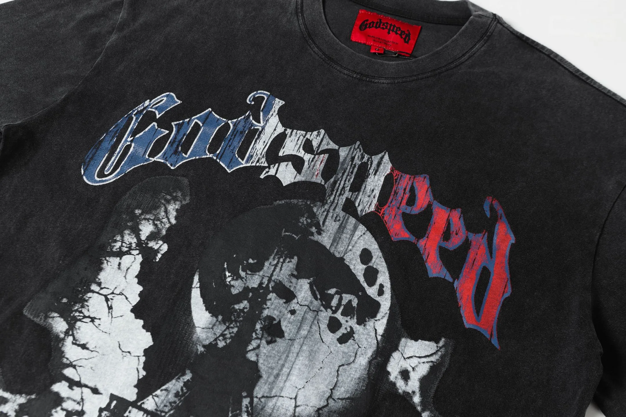 6048#washed black｜P116 Godspeed cross-border American rock and roll street washed retro style short-sleeved T (craft printing) fabric (fabric): 32 count combed double yarn 250g weight code number (size): S-M-L-XL color (colour): washed black