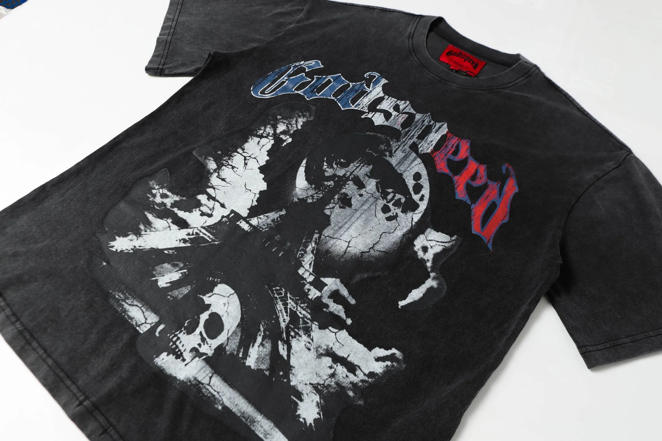 6048#washed black｜P116 Godspeed cross-border American rock and roll street washed retro style short-sleeved T (craft printing) fabric (fabric): 32 count combed double yarn 250g weight code number (size): S-M-L-XL color (colour): washed black