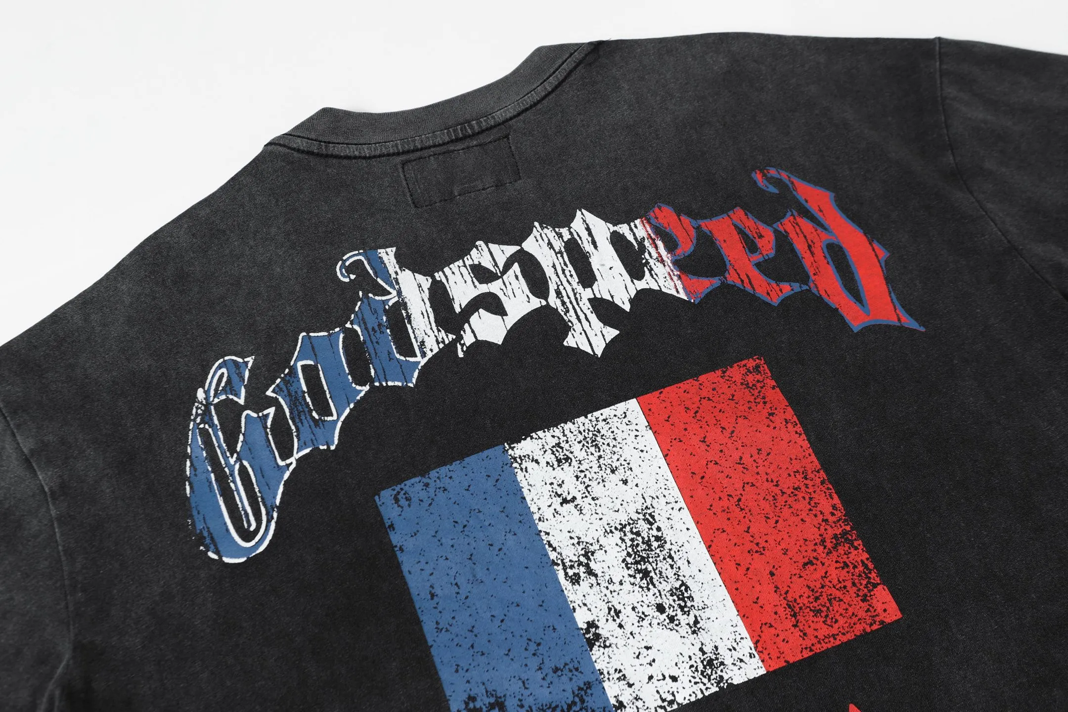 6048#washed black｜P116 Godspeed cross-border American rock and roll street washed retro style short-sleeved T (craft printing) fabric (fabric): 32 count combed double yarn 250g weight code number (size): S-M-L-XL color (colour): washed black
