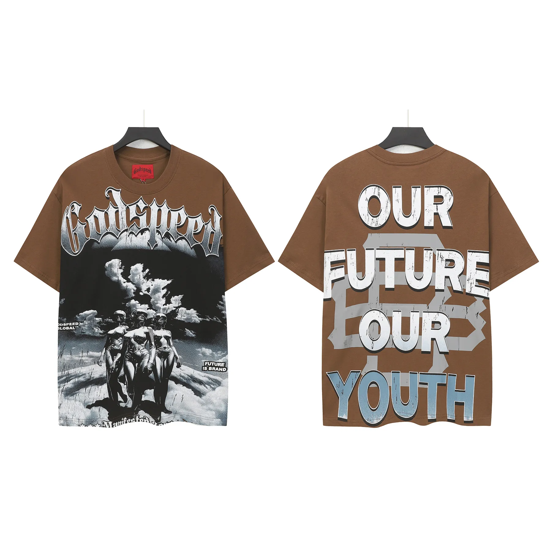 5302#Brown I P106 Godspeed cross-border American rock and roll street washed retro style short-sleeved T (craft printing) fabric (fabric): 32-count combed double yarn 240 grams weight code number (size): S-M-L-XL color (colour): brown