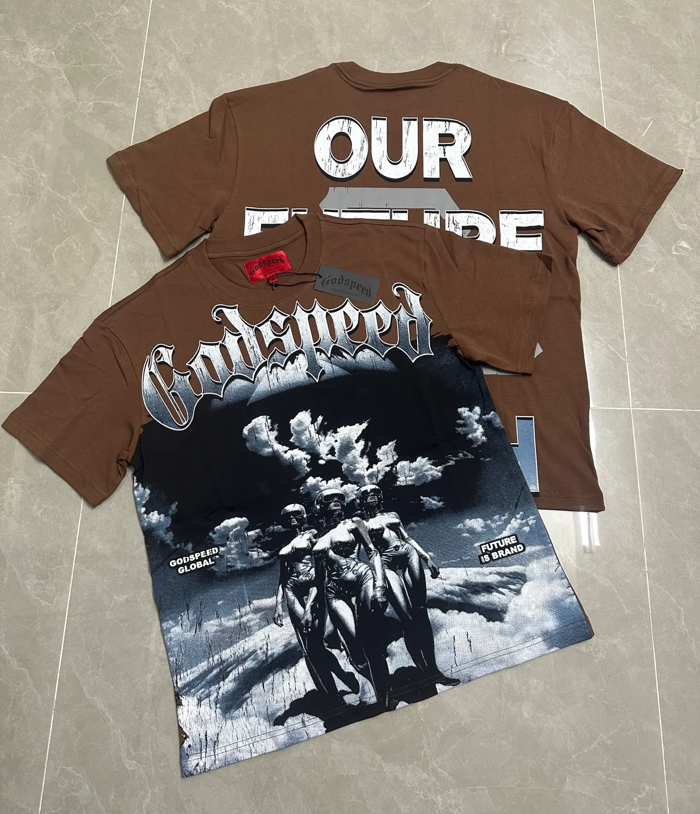 5302#Brown I P106 Godspeed cross-border American rock and roll street washed retro style short-sleeved T (craft printing) fabric (fabric): 32-count combed double yarn 240 grams weight code number (size): S-M-L-XL color (colour): brown
