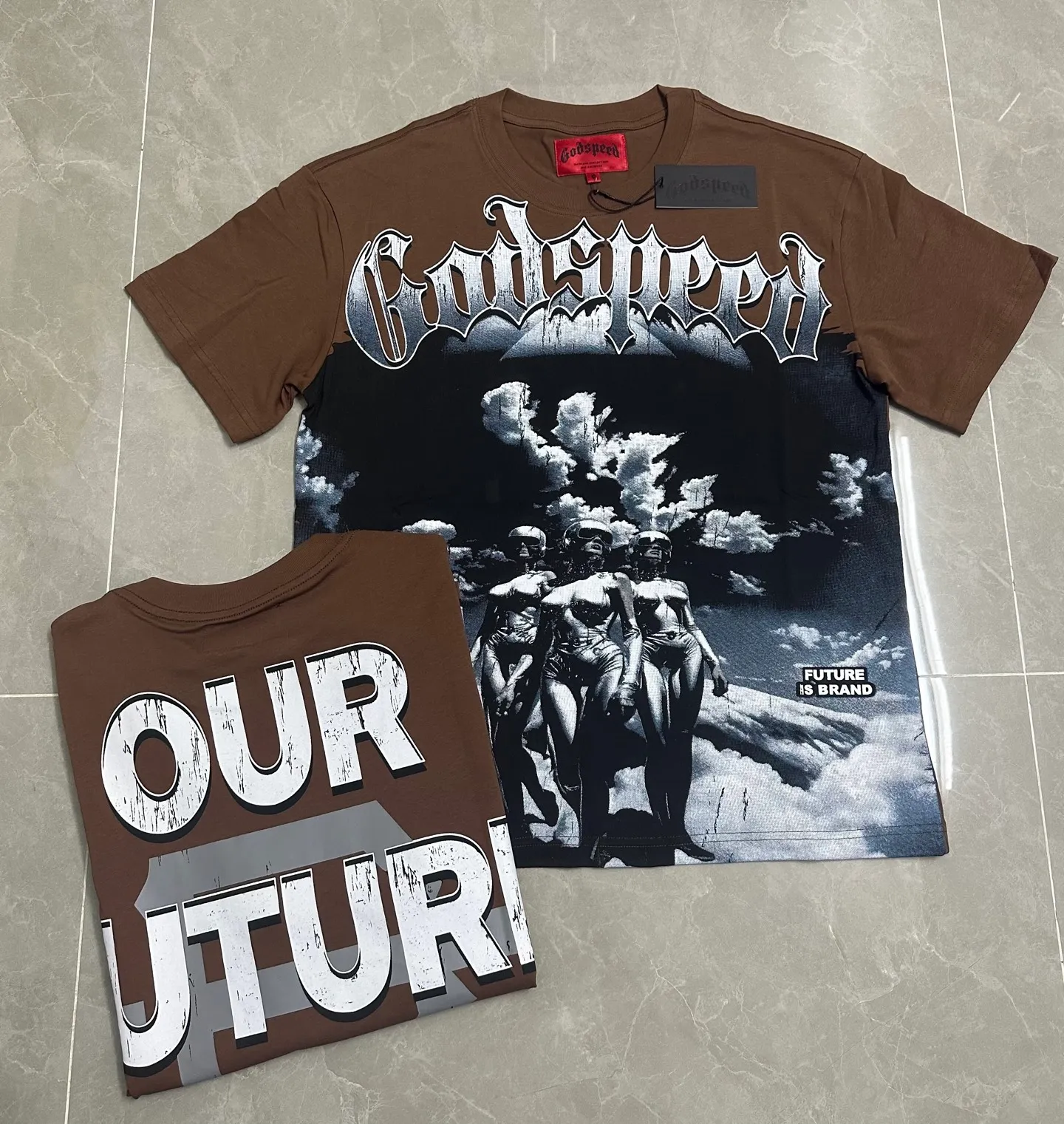 5302#Brown I P106 Godspeed cross-border American rock and roll street washed retro style short-sleeved T (craft printing) fabric (fabric): 32-count combed double yarn 240 grams weight code number (size): S-M-L-XL color (colour): brown