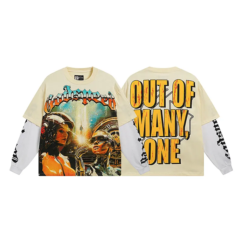 3153# P150 Real shot Godspeed American fashion rock street pure cotton loose fake two-piece long-sleeved T-shirt long T Fabric: 270g 32-count fine cotton double yarn pure cotton Color: Apricot Code number: S M L XL