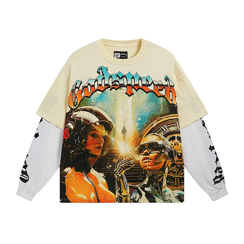 3153# P150 Real shot Godspeed American fashion rock street pure cotton loose fake two-piece long-sleeved T-shirt long T Fabric: 270g 32-count fine cotton double yarn pure cotton Color: Apricot Code number: S M L XL