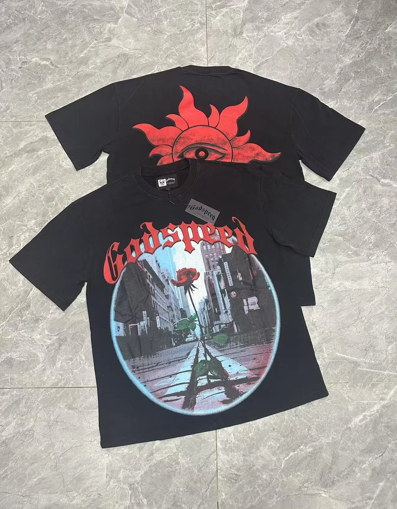 6079#washed black｜P116 Godspeed cross-border American rock and roll street washed retro style short-sleeved T (craft print) fabric (fabric): 32 count combed double yarn 250g weight size (size): S-M-L-XL color (colour): washed black 👉 👉