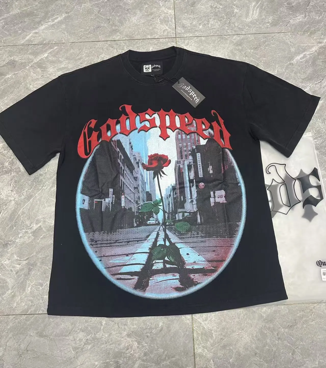 6079#washed black｜P116 Godspeed cross-border American rock and roll street washed retro style short-sleeved T (craft print) fabric (fabric): 32 count combed double yarn 250g weight size (size): S-M-L-XL color (colour): washed black 👉 👉