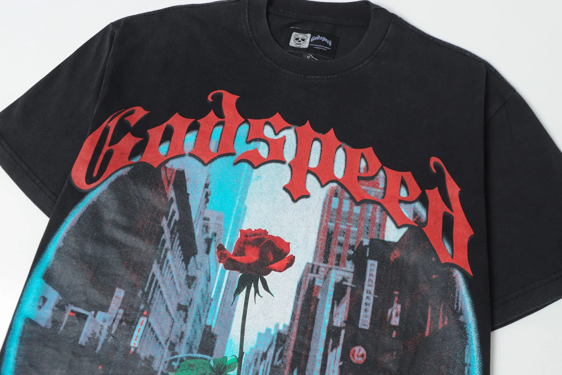 6079#washed black｜P116 Godspeed cross-border American rock and roll street washed retro style short-sleeved T (craft print) fabric (fabric): 32 count combed double yarn 250g weight size (size): S-M-L-XL color (colour): washed black 👉 👉