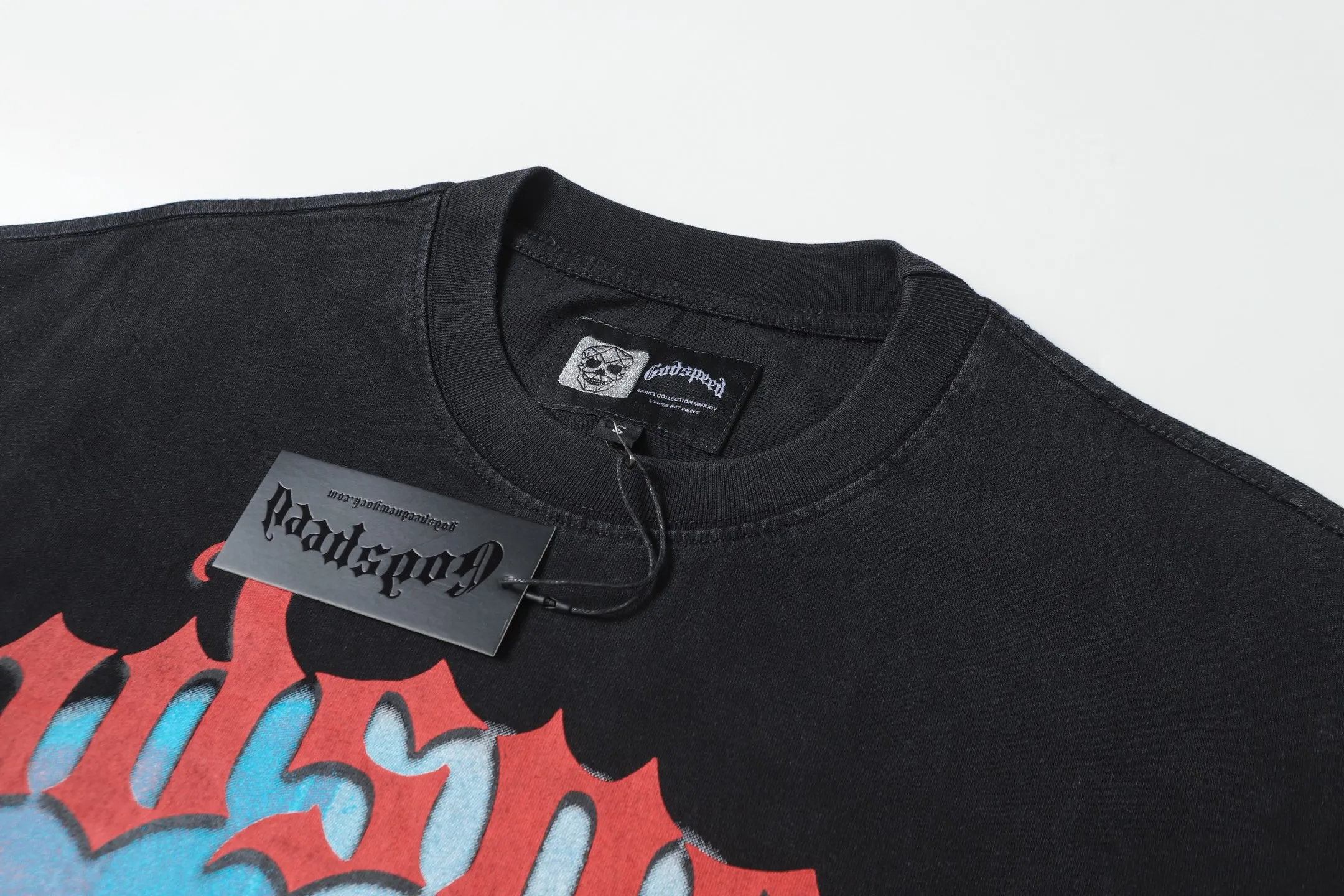 6079#washed black｜P116 Godspeed cross-border American rock and roll street washed retro style short-sleeved T (craft print) fabric (fabric): 32 count combed double yarn 250g weight size (size): S-M-L-XL color (colour): washed black 👉 👉