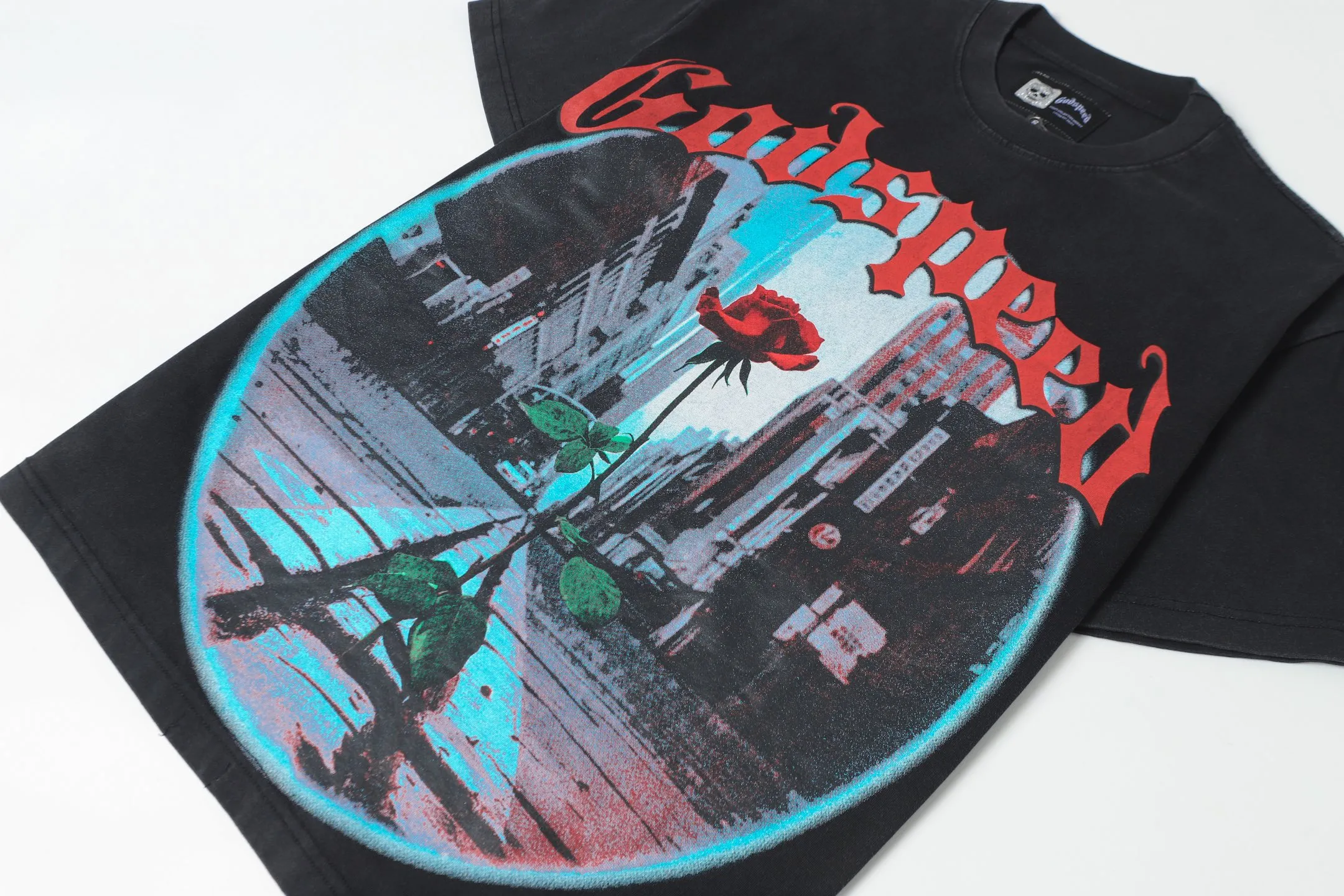 6079#washed black｜P116 Godspeed cross-border American rock and roll street washed retro style short-sleeved T (craft print) fabric (fabric): 32 count combed double yarn 250g weight size (size): S-M-L-XL color (colour): washed black 👉 👉
