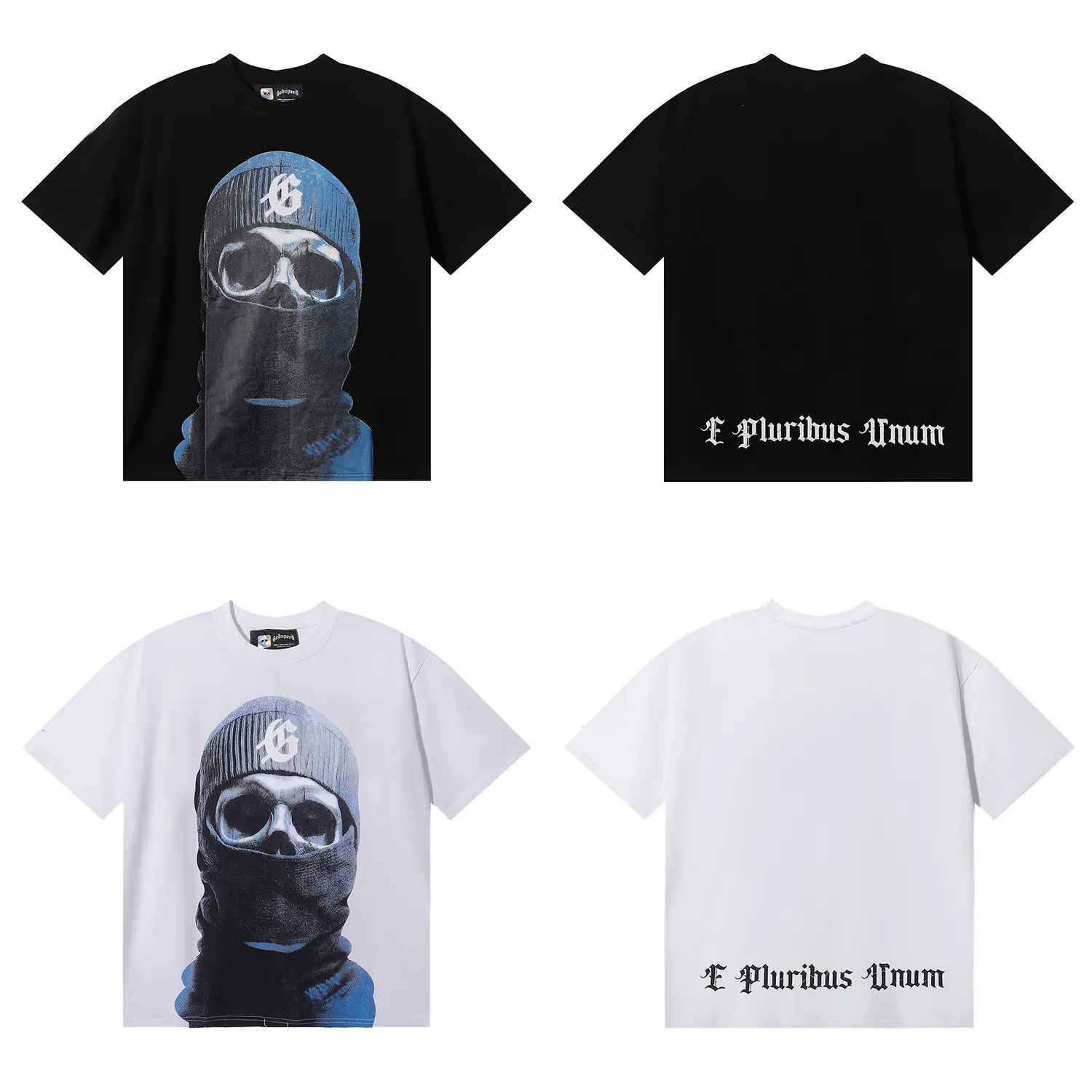 No. 7036, Mechao Godspeed masked man print high weight double yarn pure cotton casual short-sleeved T-shirt batch 110 Color: black, white; Size: S M L XL