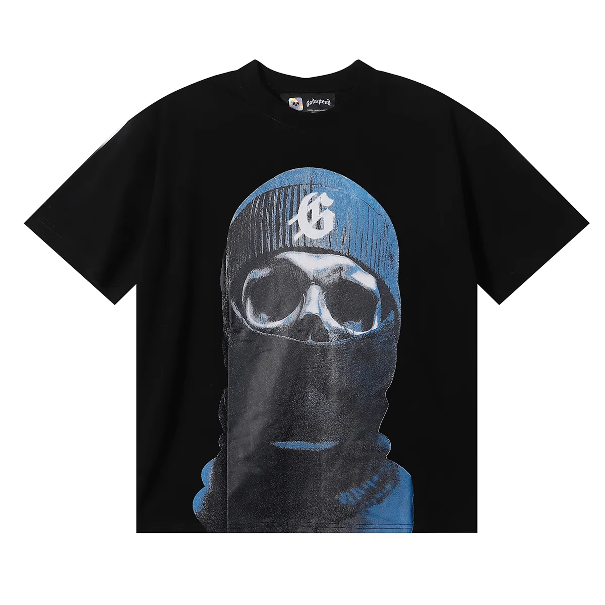 No. 7036, Mechao Godspeed masked man print high weight double yarn pure cotton casual short-sleeved T-shirt batch 110 Color: black, white; Size: S M L XL