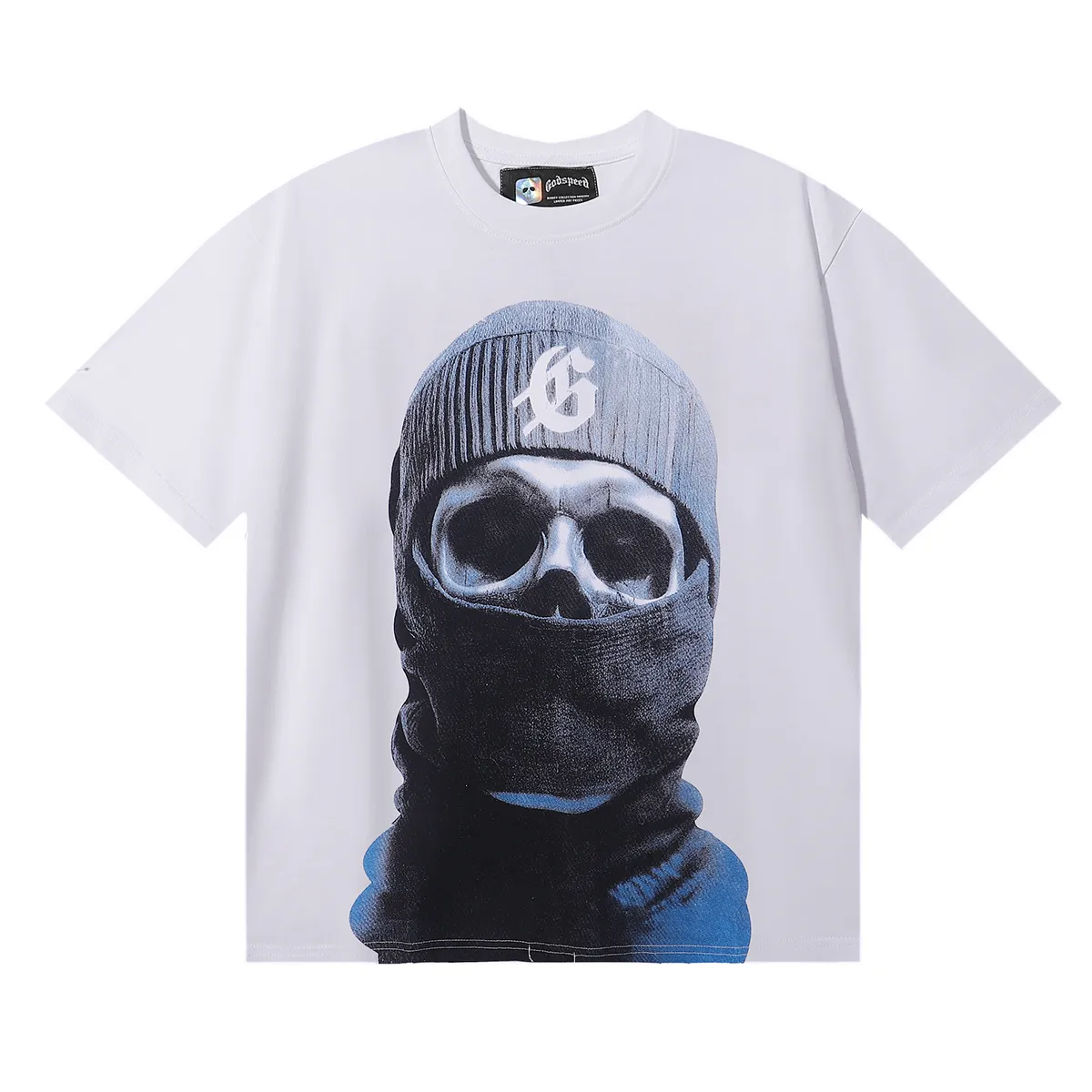 No. 7036, Mechao Godspeed masked man print high weight double yarn pure cotton casual short-sleeved T-shirt batch 110 Color: black, white; Size: S M L XL