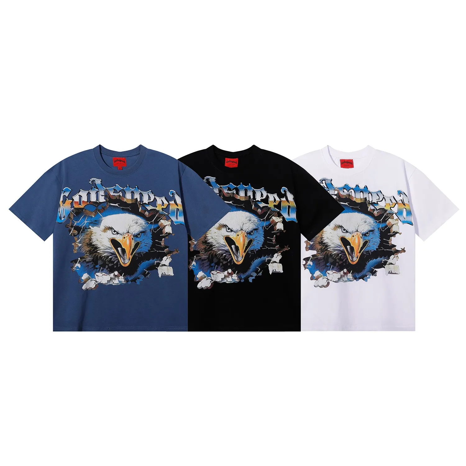 No. 7061, foreign trade beauty trend Godspeed eagle printed high quality double yarn pure cotton casual short-sleeved T-shirt batch 110 Color: black, white, blue; Size: S M L XL