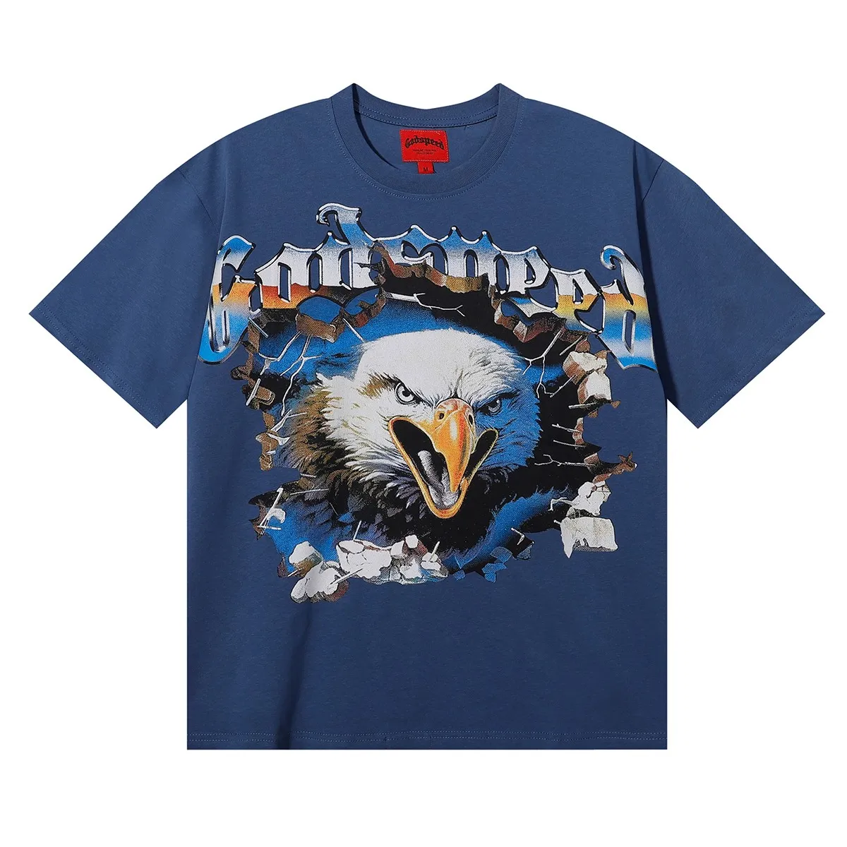 No. 7061, foreign trade beauty trend Godspeed eagle printed high quality double yarn pure cotton casual short-sleeved T-shirt batch 110 Color: black, white, blue; Size: S M L XL