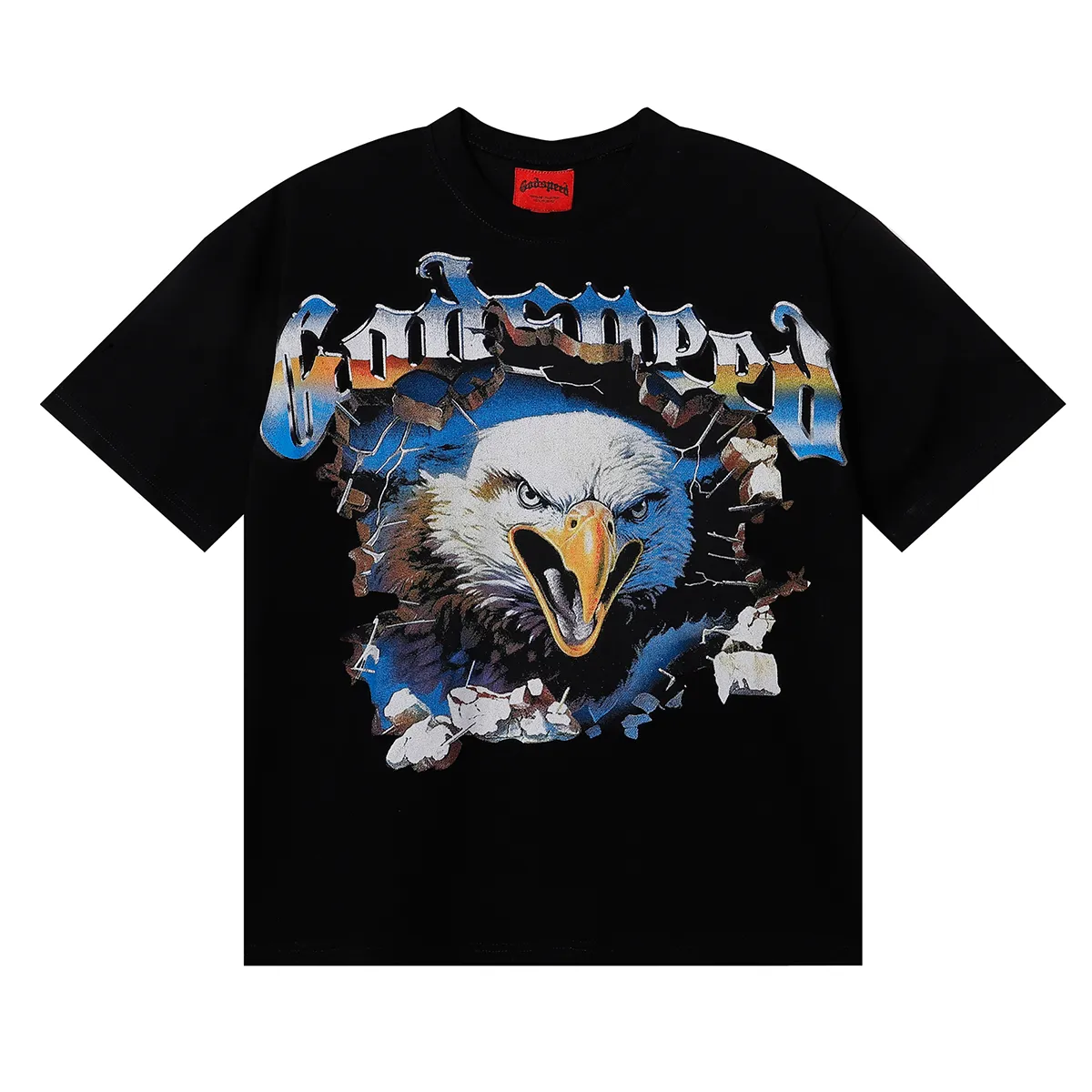 No. 7061, foreign trade beauty trend Godspeed eagle printed high quality double yarn pure cotton casual short-sleeved T-shirt batch 110 Color: black, white, blue; Size: S M L XL