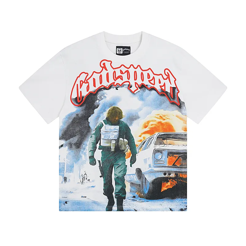 3006# P110 Real shot Godspeed American fashion rock street retro loose printed cotton short sleeves Fabric: 240g 32 count fine cotton double yarn pure cotton Color: off-white Size: S M L XL