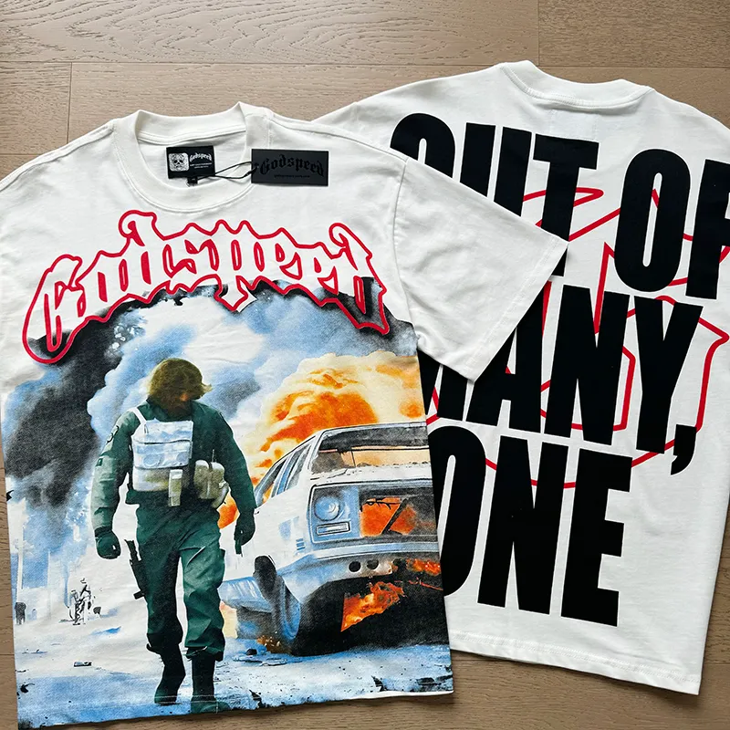 3006# P110 Real shot Godspeed American fashion rock street retro loose printed cotton short sleeves Fabric: 240g 32 count fine cotton double yarn pure cotton Color: off-white Size: S M L XL