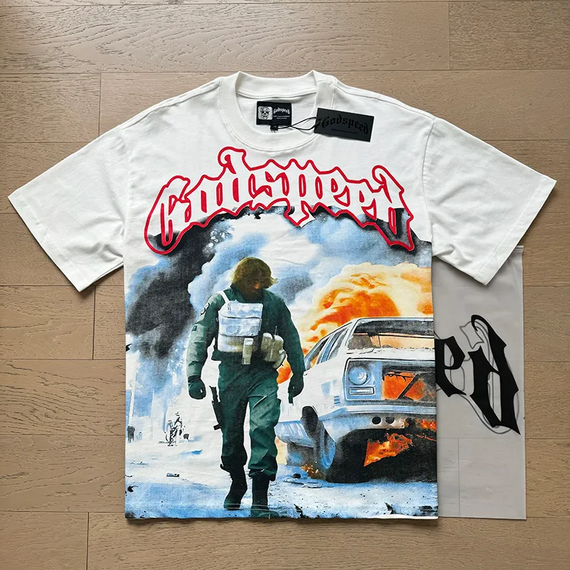 3006# P110 Real shot Godspeed American fashion rock street retro loose printed cotton short sleeves Fabric: 240g 32 count fine cotton double yarn pure cotton Color: off-white Size: S M L XL