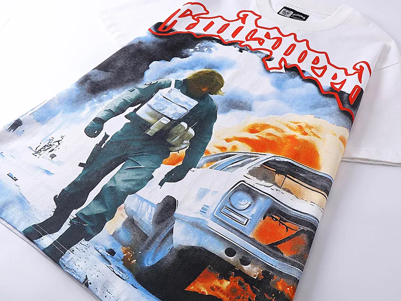 3006# P110 Real shot Godspeed American fashion rock street retro loose printed cotton short sleeves Fabric: 240g 32 count fine cotton double yarn pure cotton Color: off-white Size: S M L XL