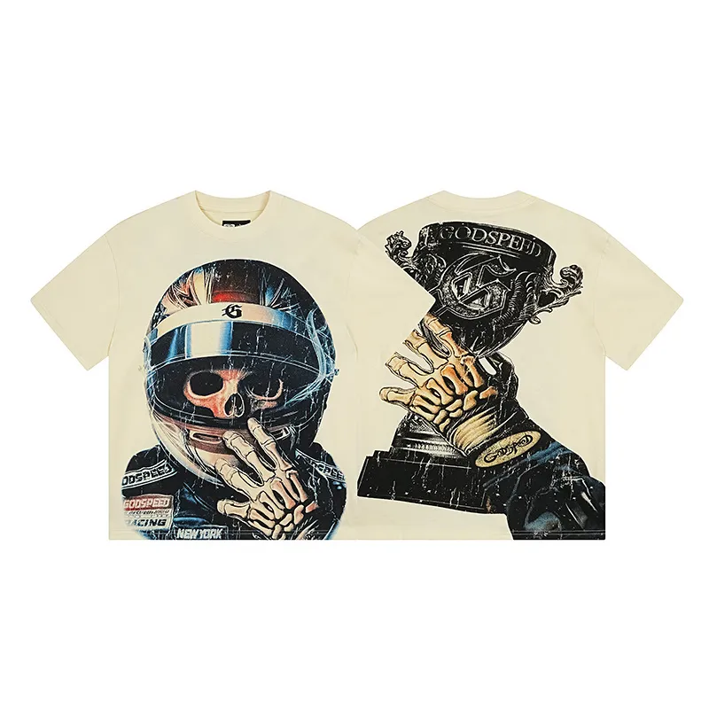 3171# P106 Real shot Godspeed American fashion rock street retro loose printed cotton short sleeves Fabric: 240g 32 count fine cotton double yarn pure cotton Color: apricot Size: S M L XL