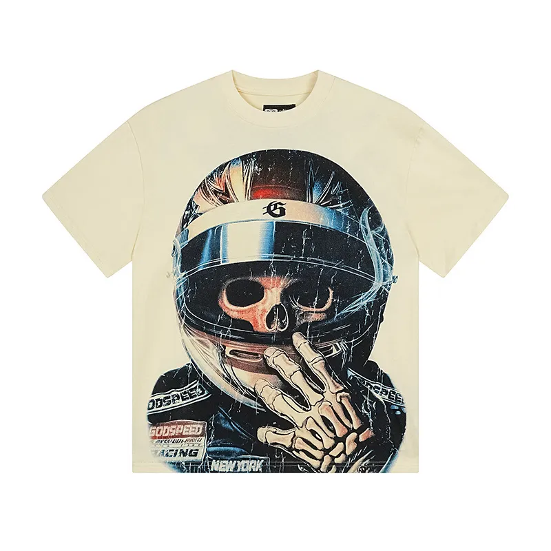 3171# P106 Real shot Godspeed American fashion rock street retro loose printed cotton short sleeves Fabric: 240g 32 count fine cotton double yarn pure cotton Color: apricot Size: S M L XL