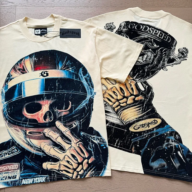 3171# P106 Real shot Godspeed American fashion rock street retro loose printed cotton short sleeves Fabric: 240g 32 count fine cotton double yarn pure cotton Color: apricot Size: S M L XL