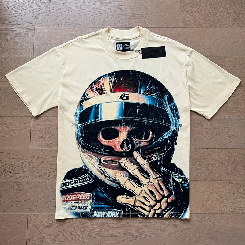 3171# P106 Real shot Godspeed American fashion rock street retro loose printed cotton short sleeves Fabric: 240g 32 count fine cotton double yarn pure cotton Color: apricot Size: S M L XL