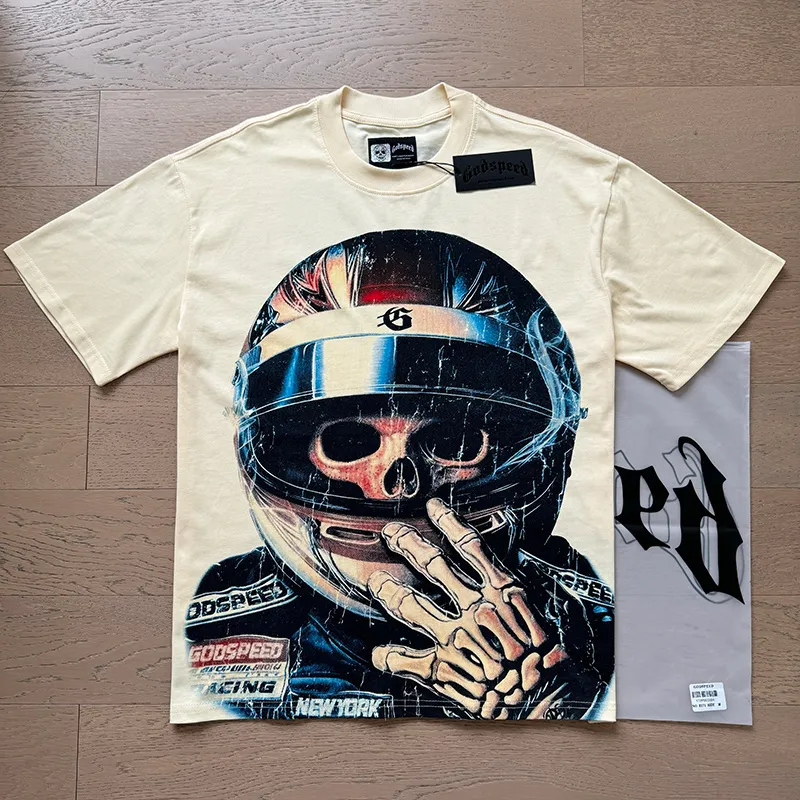 3171# P106 Real shot Godspeed American fashion rock street retro loose printed cotton short sleeves Fabric: 240g 32 count fine cotton double yarn pure cotton Color: apricot Size: S M L XL