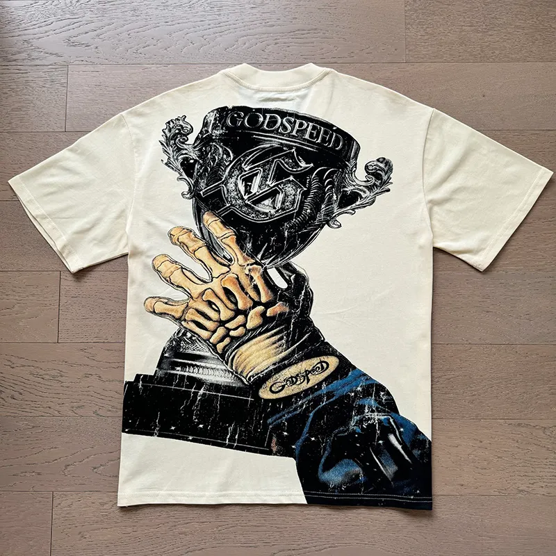 3171# P106 Real shot Godspeed American fashion rock street retro loose printed cotton short sleeves Fabric: 240g 32 count fine cotton double yarn pure cotton Color: apricot Size: S M L XL