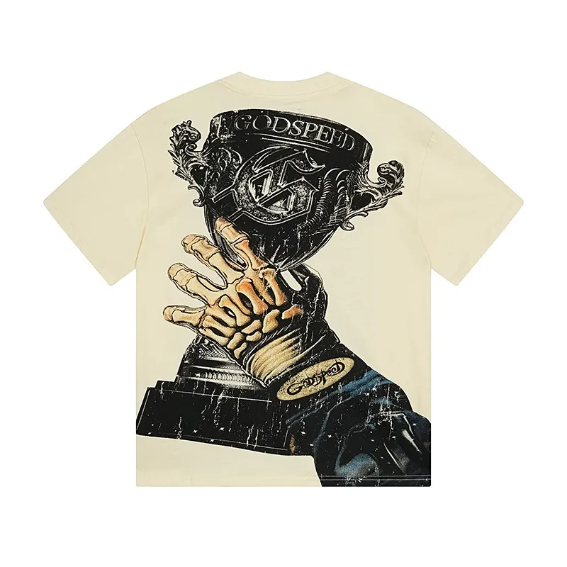 3171# P106 Real shot Godspeed American fashion rock street retro loose printed cotton short sleeves Fabric: 240g 32 count fine cotton double yarn pure cotton Color: apricot Size: S M L XL