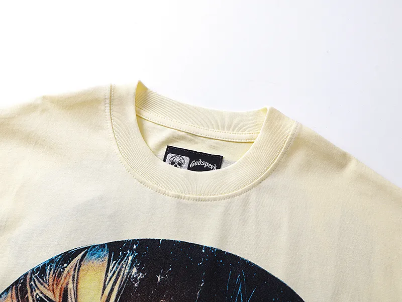 3171# P106 Real shot Godspeed American fashion rock street retro loose printed cotton short sleeves Fabric: 240g 32 count fine cotton double yarn pure cotton Color: apricot Size: S M L XL