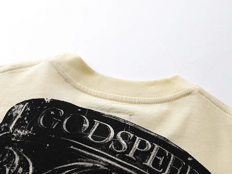 3171# P106 Real shot Godspeed American fashion rock street retro loose printed cotton short sleeves Fabric: 240g 32 count fine cotton double yarn pure cotton Color: apricot Size: S M L XL