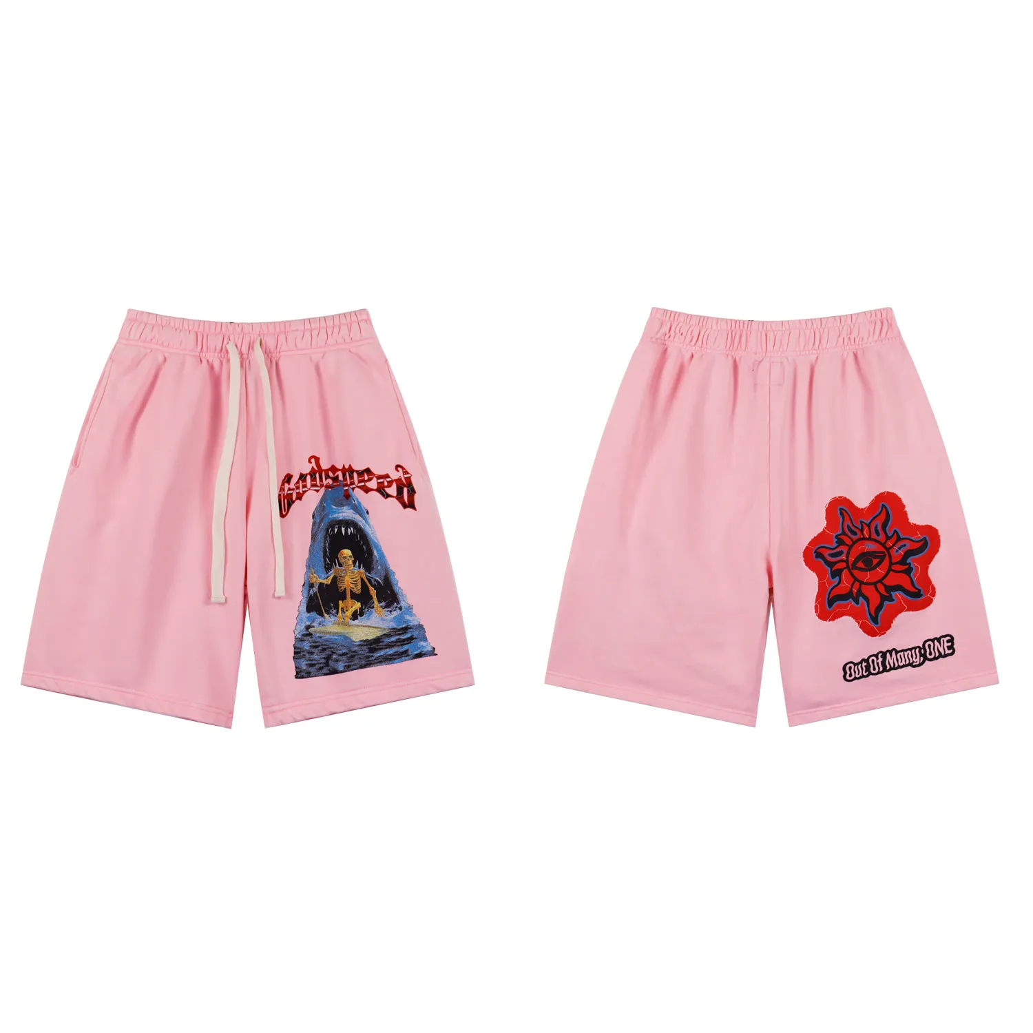 Style No.: 8781 Fabric: 380g washed P150 Real shot in stock American trendy Godspeed printed high quality double yarn casual fashion brand washed distressed shorts Color; washed black washed pink Size: S M L XL