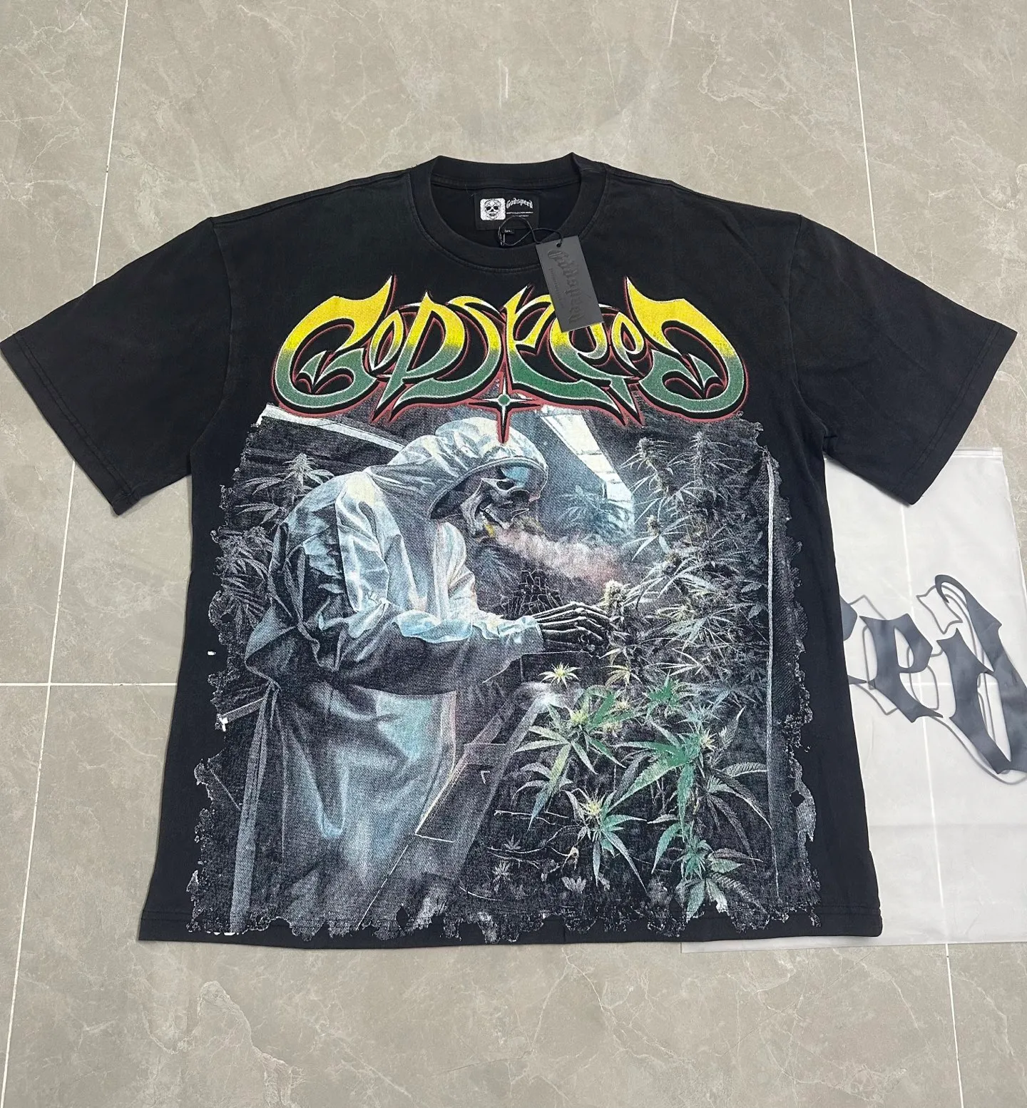 6111# washed retro black | P116 Godspeed cross-border American rock and roll street washed retro style short-sleeved T (craft printing) fabric (fabric): 32-count combed double yarn 250 grams weight code number (size): S-M-L-XL color (colour): washed black