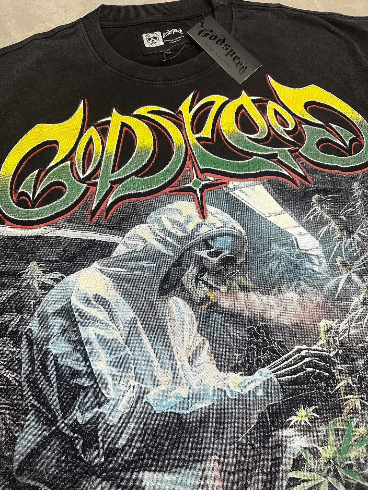 6111# washed retro black | P116 Godspeed cross-border American rock and roll street washed retro style short-sleeved T (craft printing) fabric (fabric): 32-count combed double yarn 250 grams weight code number (size): S-M-L-XL color (colour): washed black