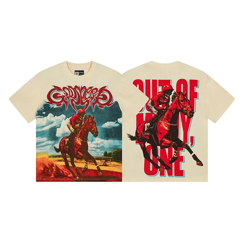 3161# P106 Real shot Godspeed American trendy rock and roll street retro loose printed cotton short sleeves Fabric: 240g 32 count fine cotton double yarn pure cotton Color: apricot Size: S M L XL