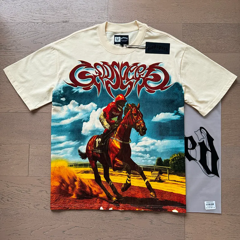 3161# P106 Real shot Godspeed American trendy rock and roll street retro loose printed cotton short sleeves Fabric: 240g 32 count fine cotton double yarn pure cotton Color: apricot Size: S M L XL