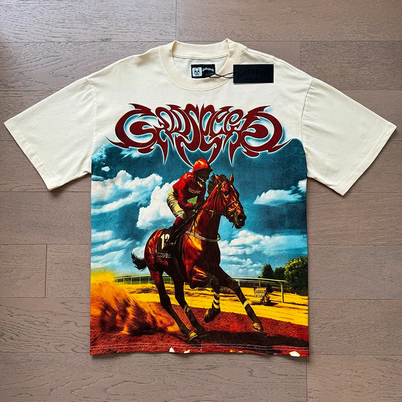 3161# P106 Real shot Godspeed American trendy rock and roll street retro loose printed cotton short sleeves Fabric: 240g 32 count fine cotton double yarn pure cotton Color: apricot Size: S M L XL