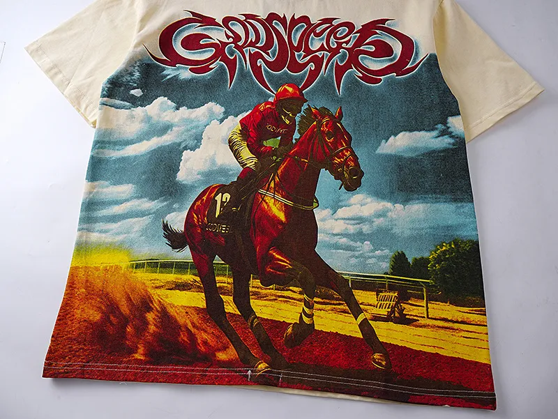 3161# P106 Real shot Godspeed American trendy rock and roll street retro loose printed cotton short sleeves Fabric: 240g 32 count fine cotton double yarn pure cotton Color: apricot Size: S M L XL