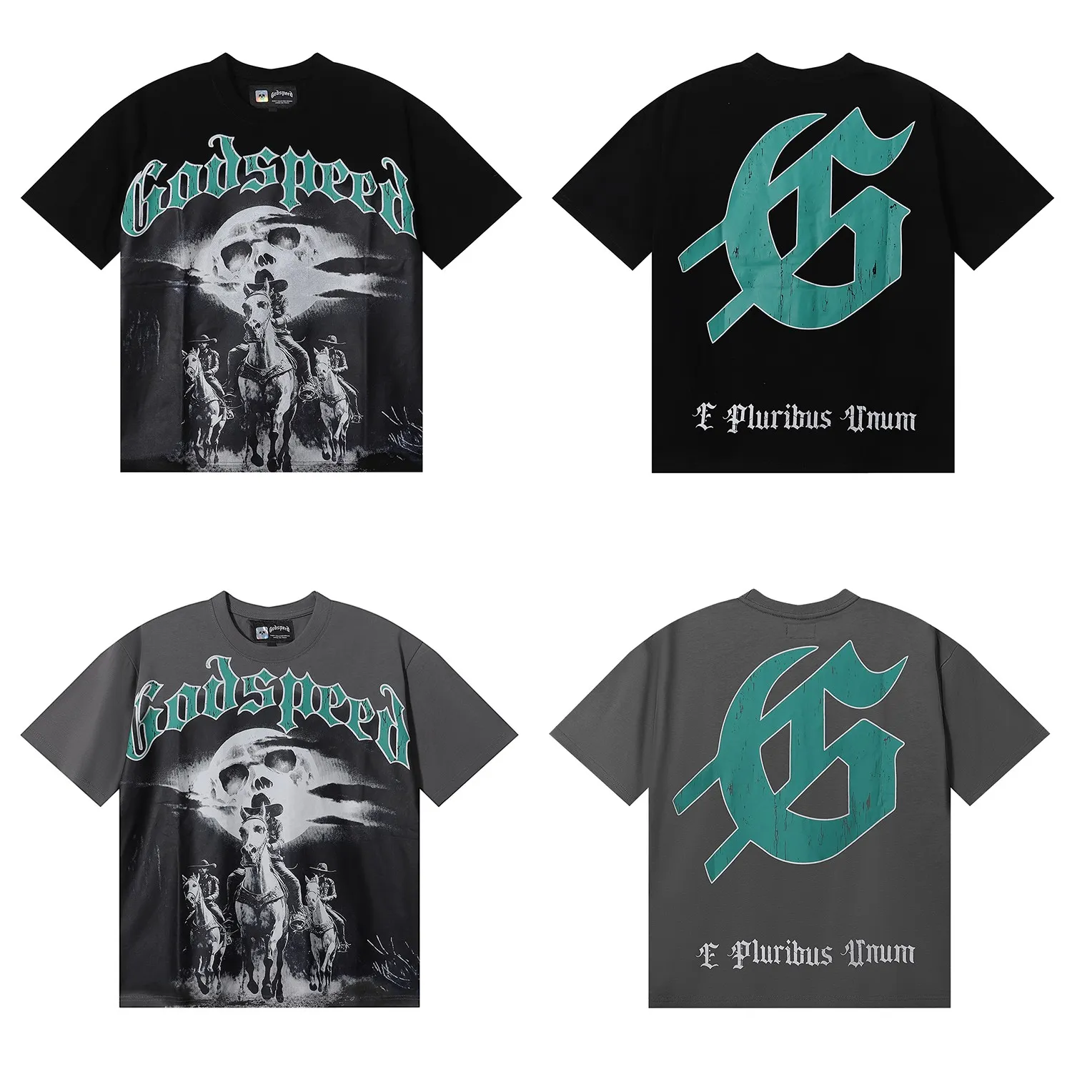 No. 7001, Mechao Godspeed western denim horse print high weight double yarn pure cotton casual short-sleeved T-shirt batch 110 Color: black, gray; Size: S M L XL