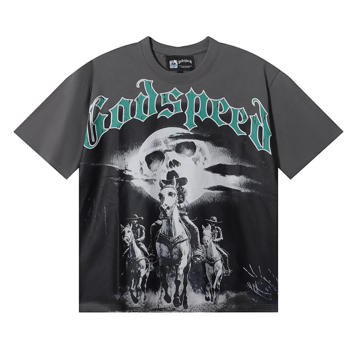 No. 7001, Mechao Godspeed western denim horse print high weight double yarn pure cotton casual short-sleeved T-shirt batch 110 Color: black, gray; Size: S M L XL