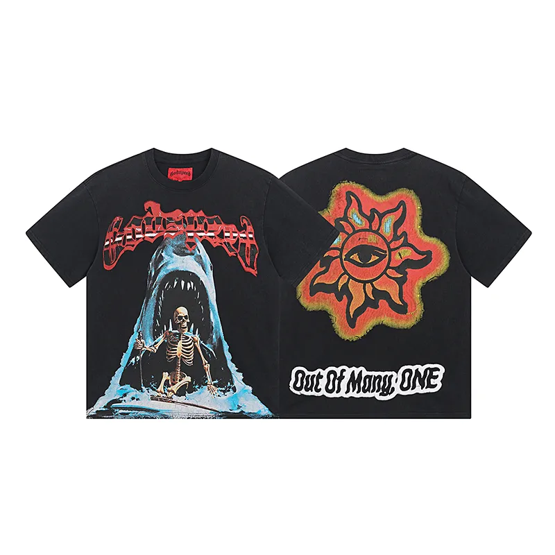 1035# P126 Washed Black Real Shot Godspeed American Fashion Rock Street Retro Washed Distressed Printed Pure Cotton Short Sleeves Fabric: 250g 32 Count Fine Cotton Double Yarn Pure Cotton Color: Washed Black Size: S M L XL