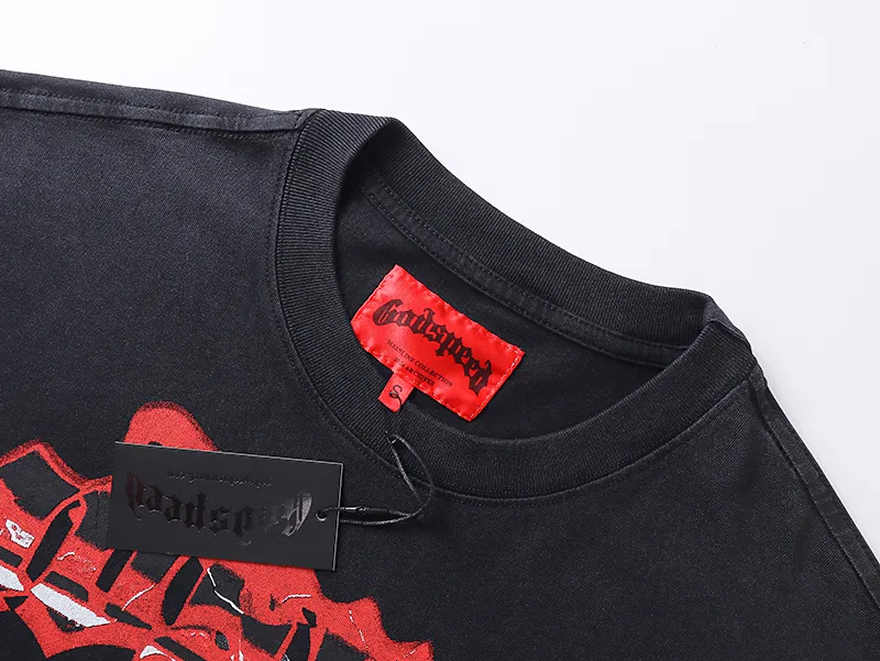1035# P126 Washed Black Real Shot Godspeed American Fashion Rock Street Retro Washed Distressed Printed Pure Cotton Short Sleeves Fabric: 250g 32 Count Fine Cotton Double Yarn Pure Cotton Color: Washed Black Size: S M L XL